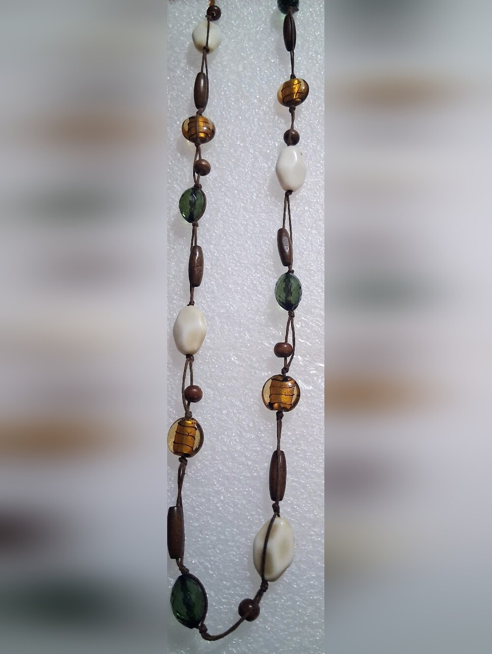Boho Multi-Bead Pendant Necklace in Green, Amber & Cream